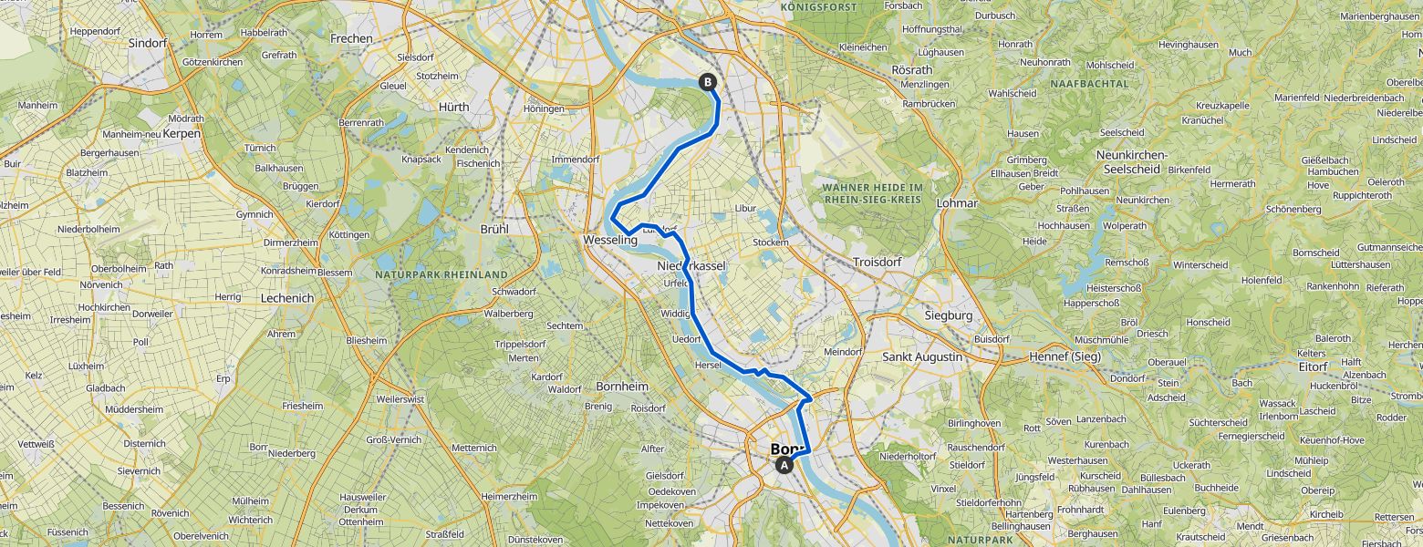 Bonn to Köln along the Rhine map