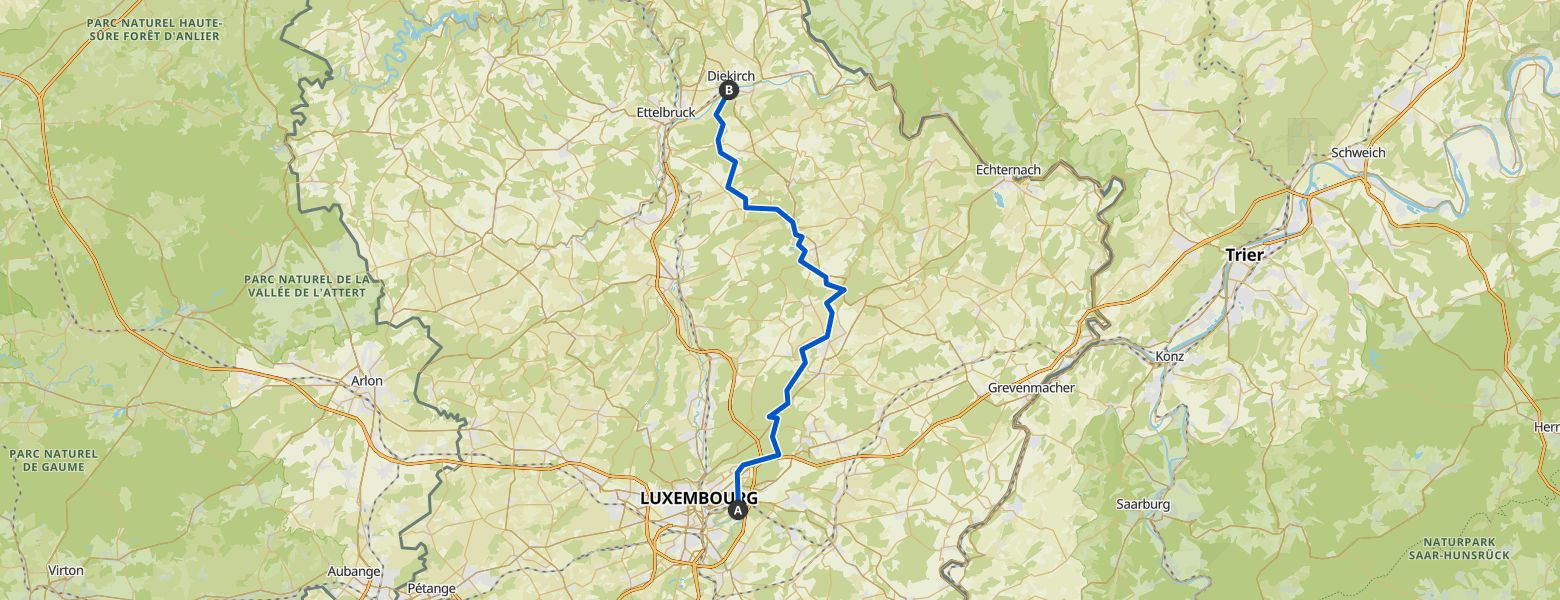 from Luxembourg to Tenneville - Day 1 - from Luxembourg to Diekirch Map Image