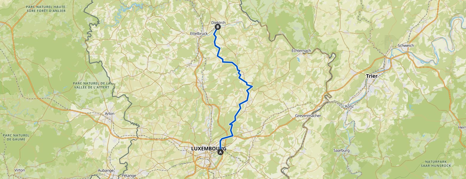 from Luxembourg to Tenneville - Day 1 - from Luxembourg to Diekirch map
